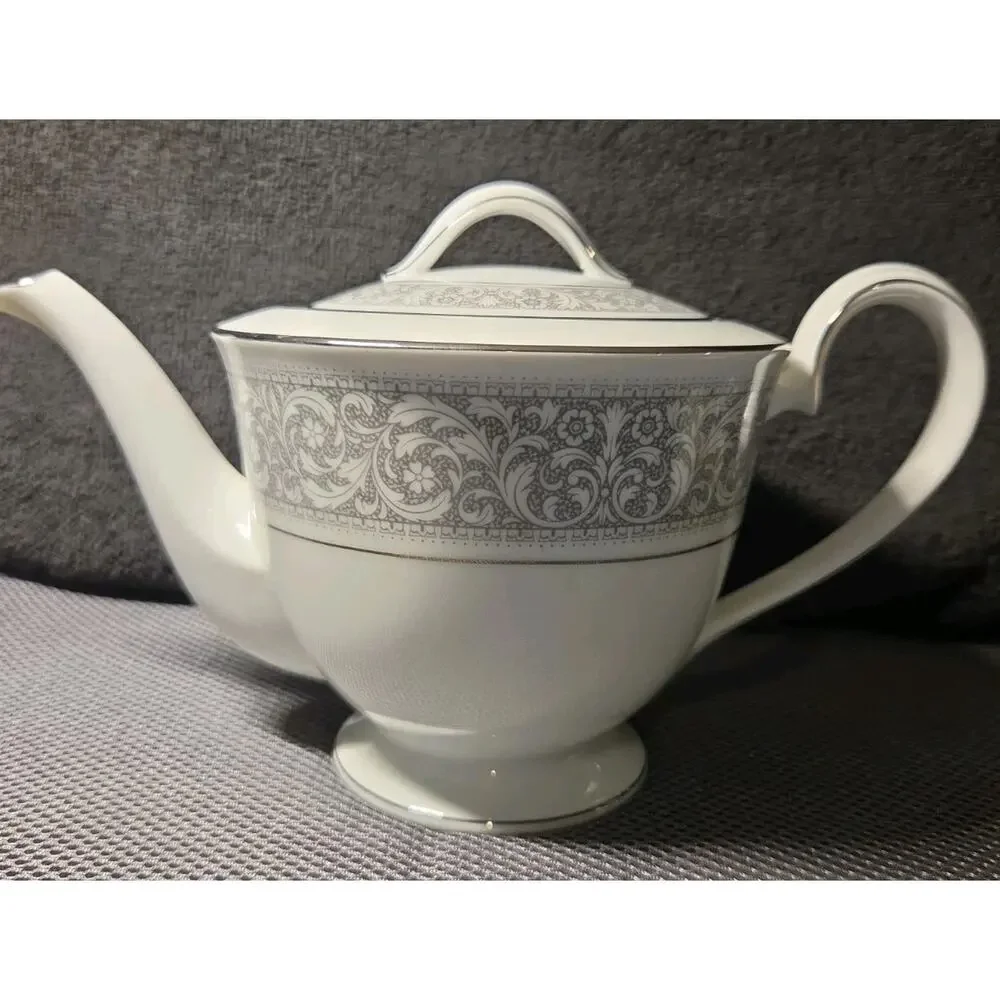 Noritake China Naples 6975 Tea Pot Sugar Bowl And Creamer White Gray Trim